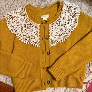 Anthropologie Yellow Cardigan with White Lace Detail